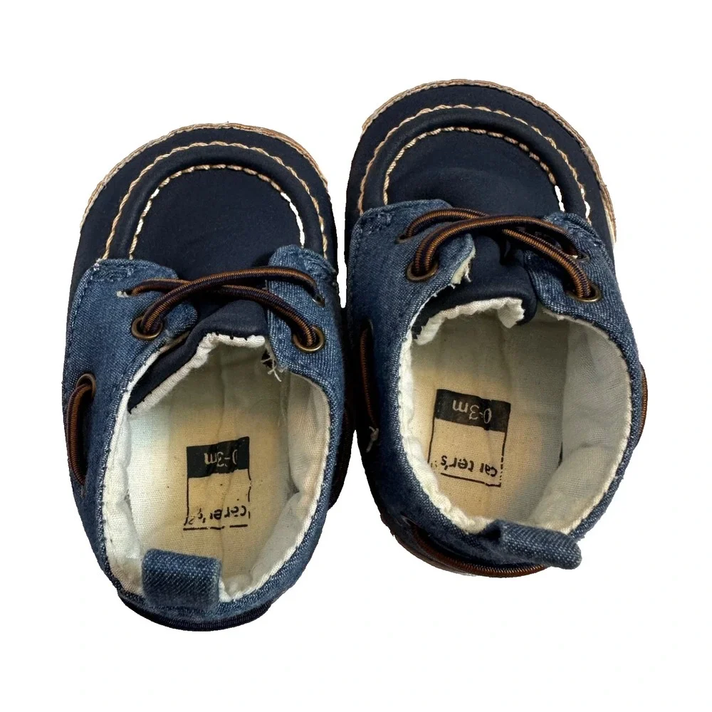 Baby Boy Carters Blue Chambray Boat Crib Shoes 0-3M Newborn Elastic Laces
